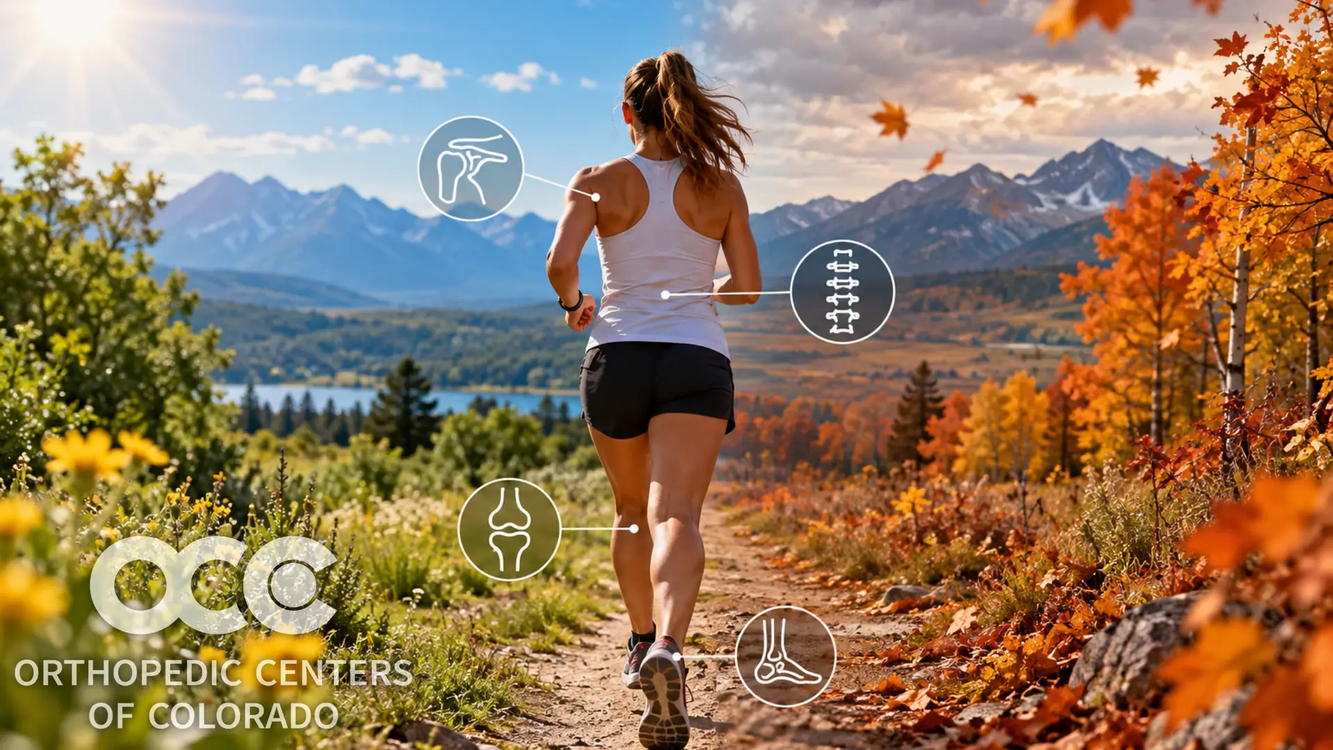 Woman running on a mountain trail with autumn leaves and snowy peaks, overlaid with circular illustrations of shoulder, spine, knee joints—promoting orthopedic care in Colorado.