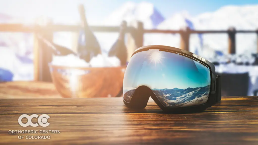 image of ski goggles at a Colorado ski resort encouraging people about ski injury prevention.